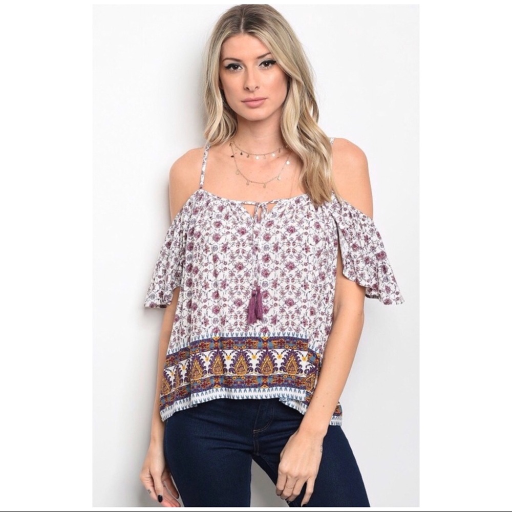White & Purple Cold Shoulder Top Tassel Tie